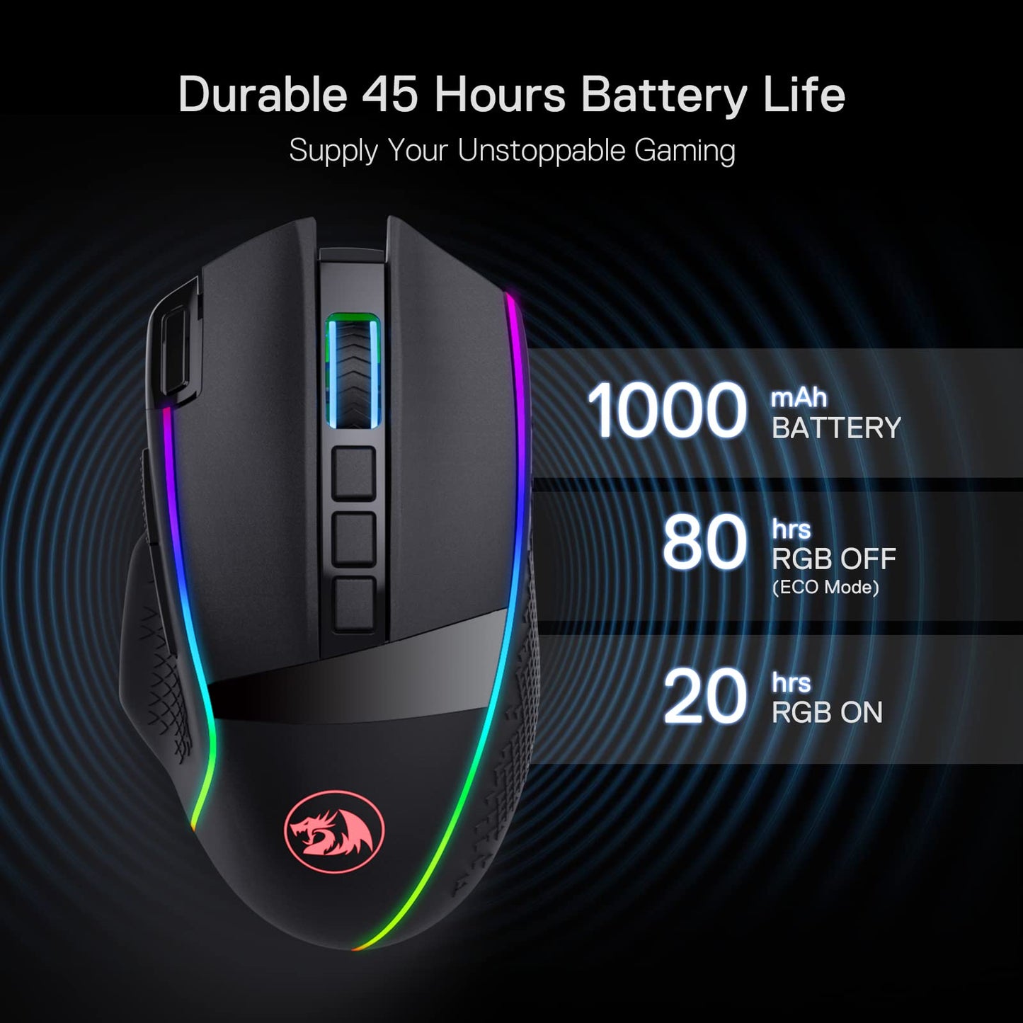 Redragon M991 Wireless Gaming Mouse - 26000 DPI, 9 Macro Buttons, RGB Backlight, Black