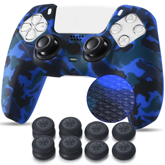 YoRHa Studded Printing Silicone Cover Skin Case for PS5 Controller x 1(Dark Blue) with Pro Thumb Grips x 10