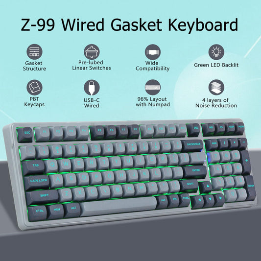 E-YOOSO Z-99 Wired Mechanical Gaming Keyboard - Pre-lubed Linear Switches, Green LED Backlit RGB, Grey Switch, 99 Keys, Gasket Structure