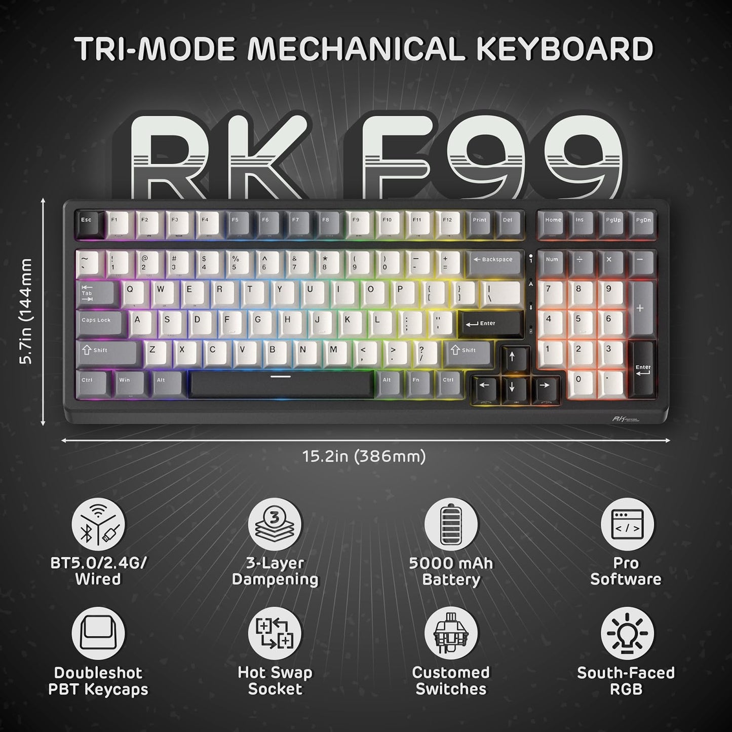 RK ROYAL KLUDGE F99 Wireless Mechanical Keyboard - Tri-Mode, 95% Layout, Silent Purple Switch, Knight Black, 5000mAh Battery