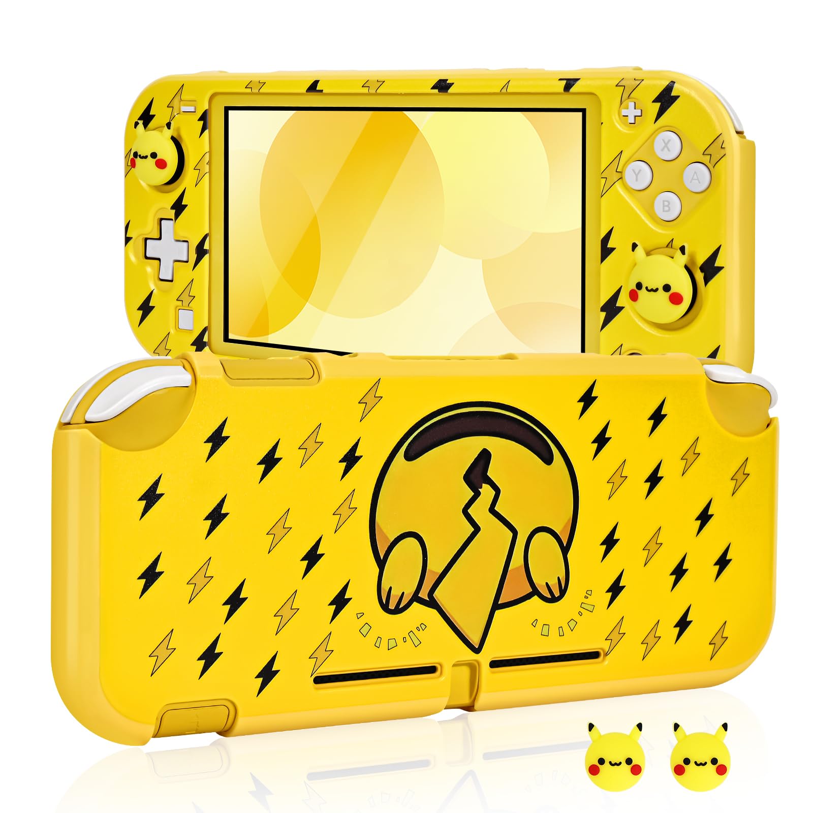DLseego Flash Pika Switch Lite Protective Case Cool Hard PC Shell Shockproof Scratch Resistant Cover Joy Con Japanese Amine Skin with 2PCS Lovely Cartoon Thumb Grips Caps for Switch 2019 - Yellow 1