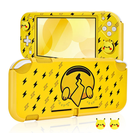DLseego Flash Pika Switch Lite Protective Case Cool Hard PC Shell Shockproof Scratch Resistant Cover Joy Con Japanese Amine Skin with 2PCS Lovely Cartoon Thumb Grips Caps for Switch 2019 - Yellow 1