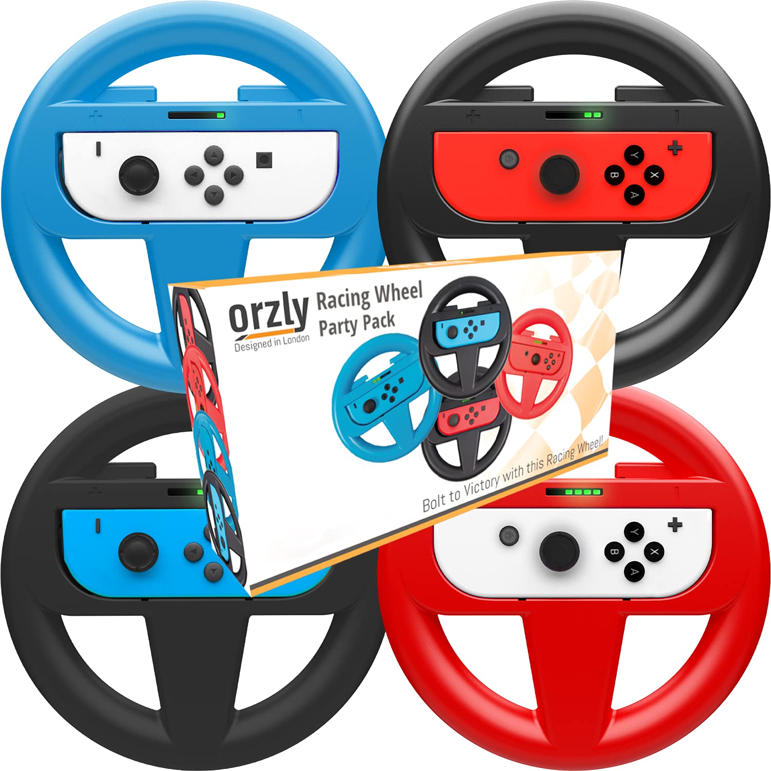 Orzly Nintendo Switch & OLED Console Steering Wheel  4 Pack  for Mario Kart 8 Deluxe Nintendo Switch  Mariokart Switch Steering Wheel (Joycon Controller Attachments) (2X Black  1x Wheel  1x Red)