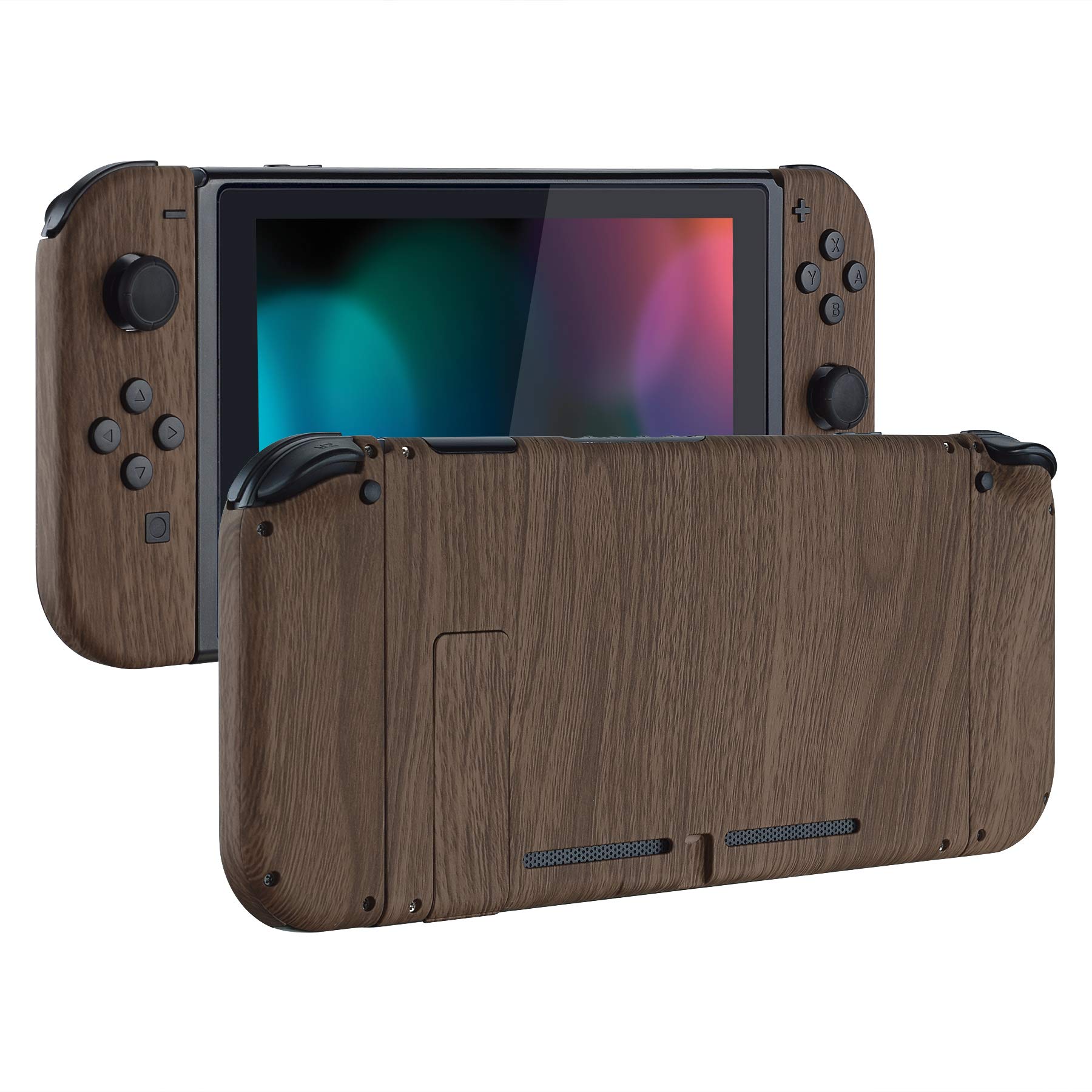 eXtremeRate DIY Replacement Shell Buttons for Nintendo Switch - Soft Touch Back Plate, Full Set, Wood Grain, Model QS201