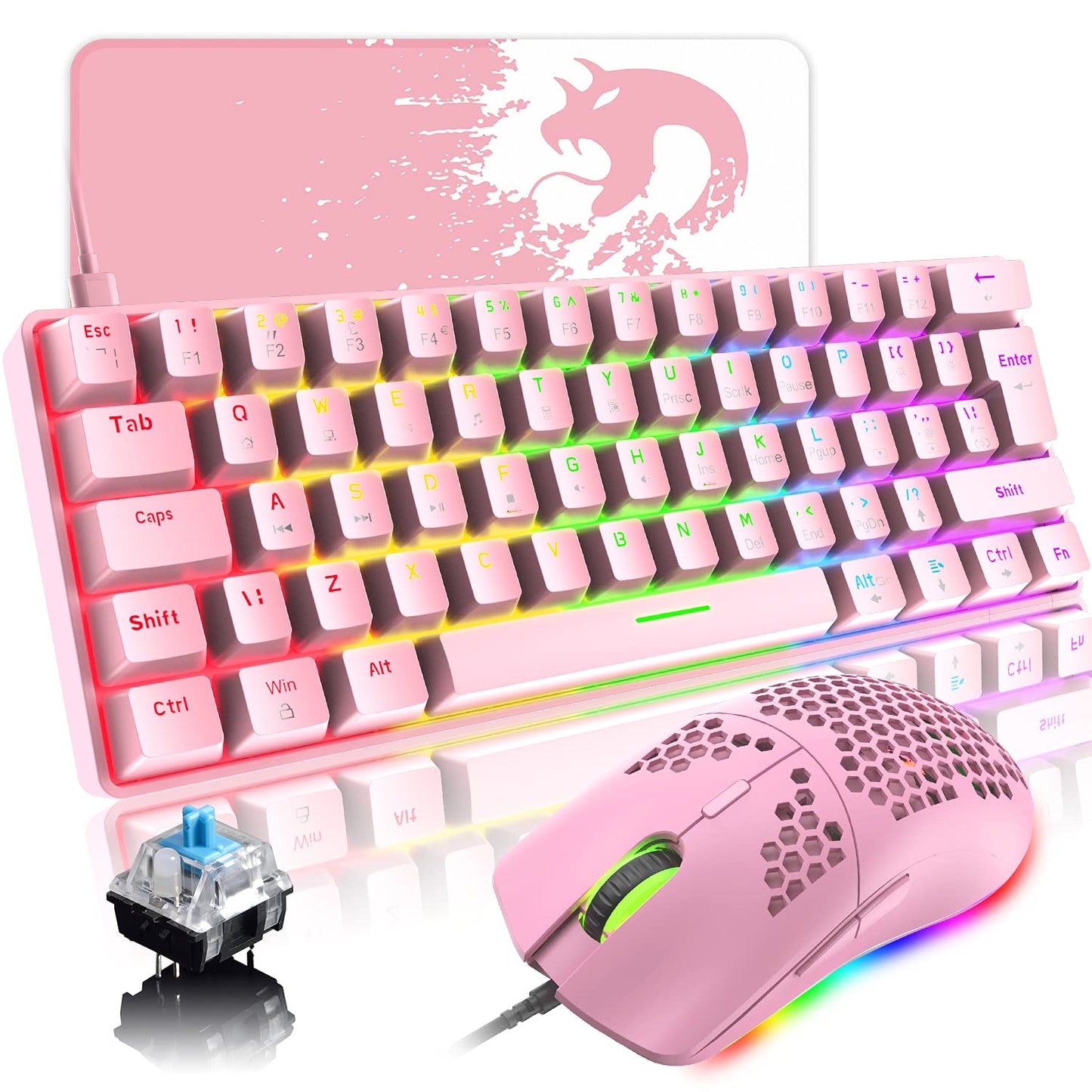 LexonElec Portable 60% Mechanical Gaming Keyboard  62-Key Mini Wired Office Keyboard  Blue Switch LED Backlight for Windows Laptop Mac Easy to Travel