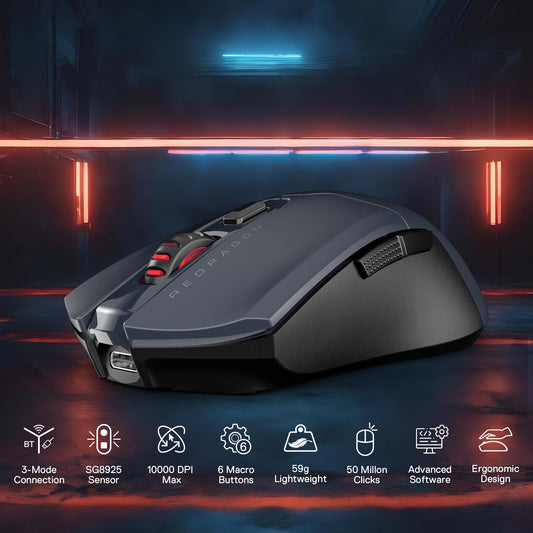 Redragon M995 LIT Wireless Gaming Mouse - 10000 DPI, Rechargeable, 6 Macro Buttons, Ultra Lightweight, Gray & Black