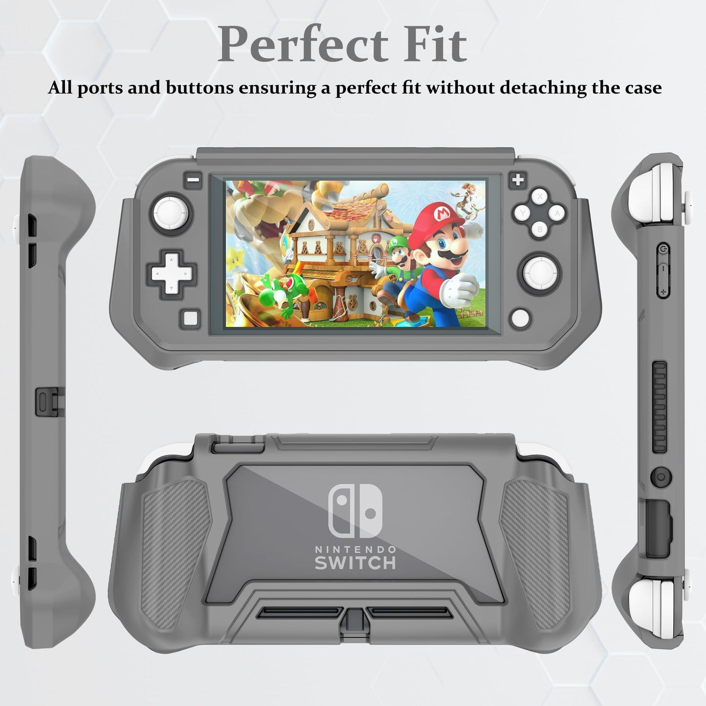 Kailfee Switch Lite Case - Protective Hand Grip with TPU, PC Screen Protector, 2 Thumb Caps - Gray