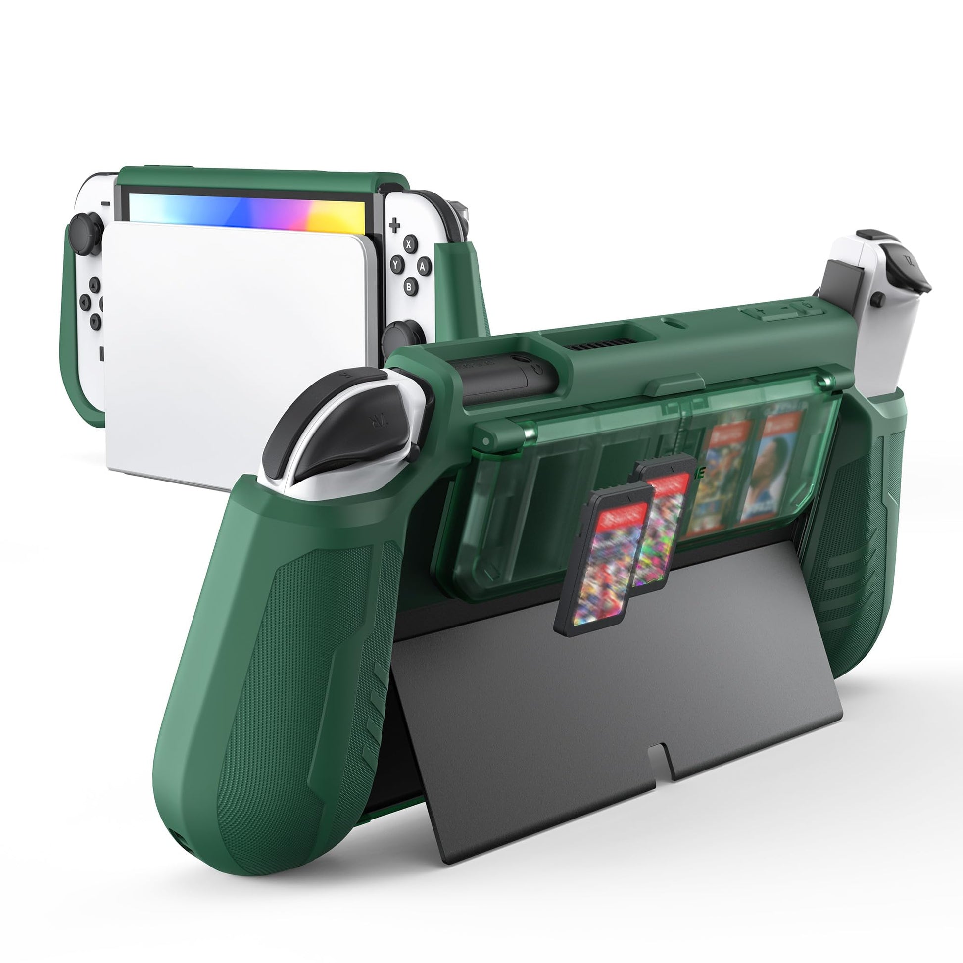 KIWIHOME Dockable Case for Nintendo Switch OLED 2021 with 4 Flip Game Storage sections  TPU Grip Portable Protective Case Cover Accessories Compatible with 7 Inch and Joy-Con Controller  Green