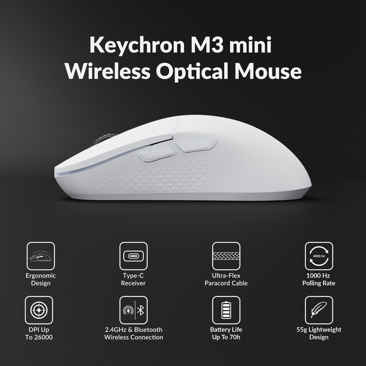 Keychron M3 Mini Wireless Optical Mouse - Bluetooth 5.1, 26,000 DPI, Ergonomic, White, Model M3M-A3