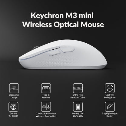 Keychron M3 Mini Wireless Optical Mouse - Bluetooth 5.1, 26,000 DPI, Ergonomic, White, Model M3M-A3