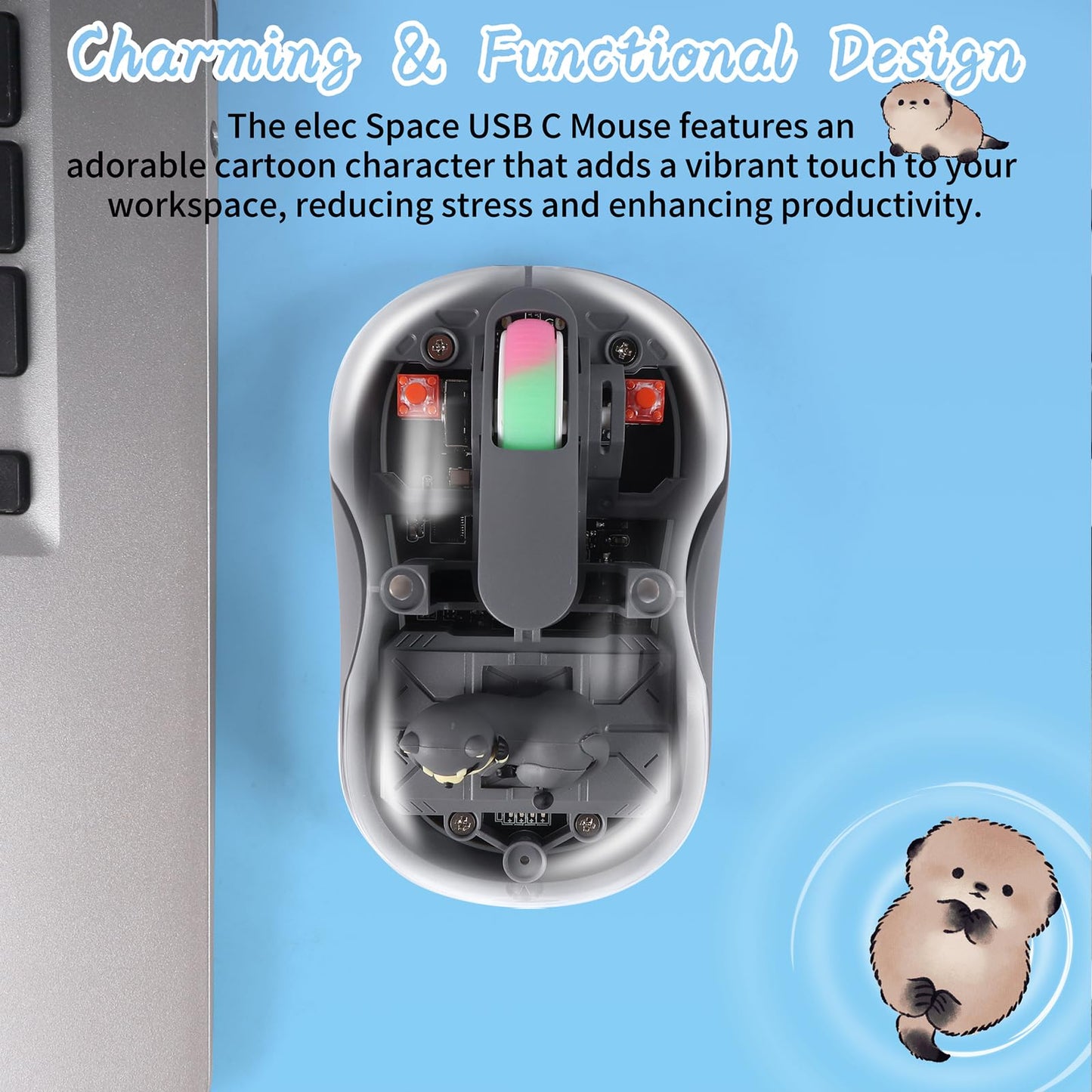 elec Space Wireless USB C Mouse - Bluetooth Triple Mode, Rechargeable, Silent, Portable - Grey Cartoon Design