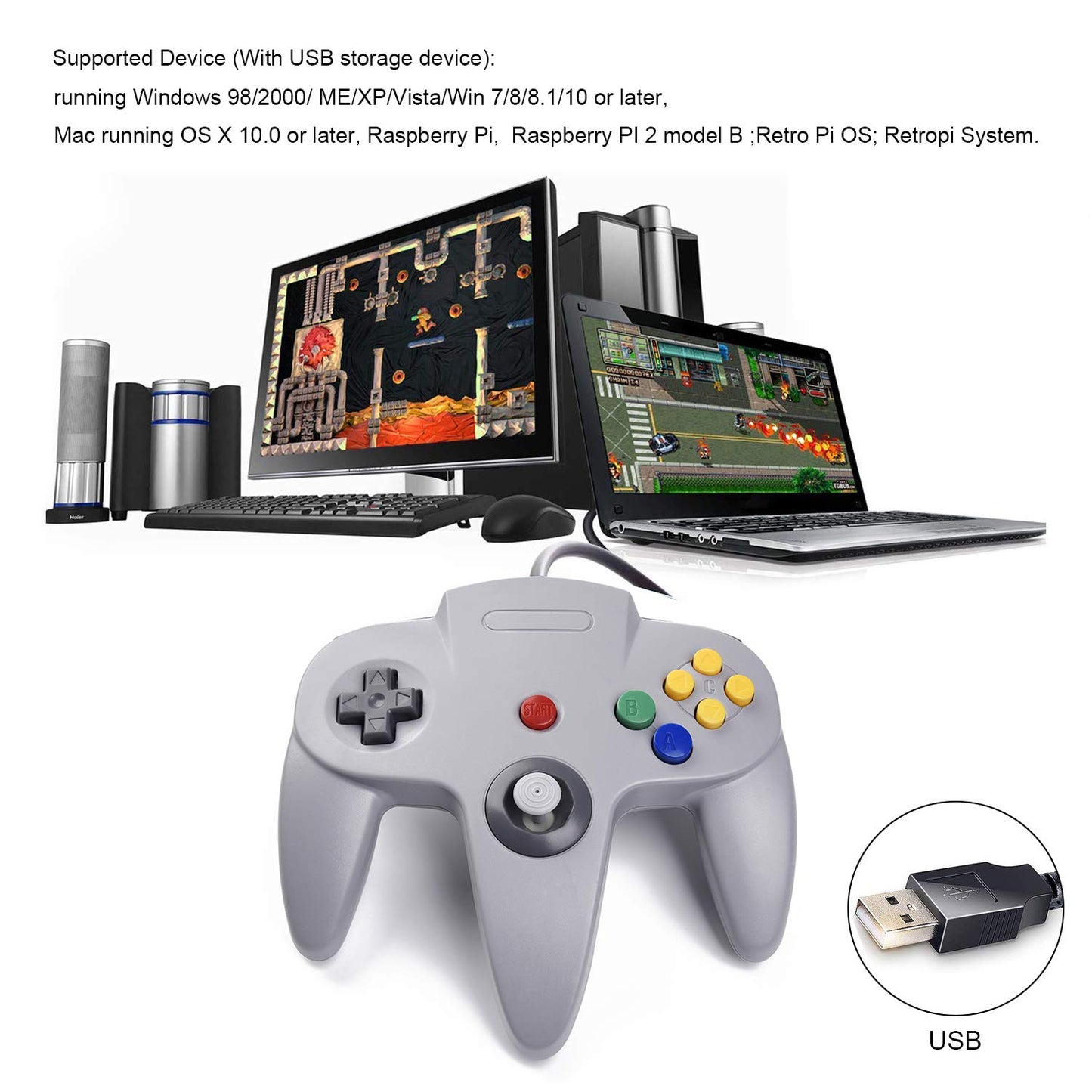 suily 2 Pack USB Wired N64 Controller for PC/MAC/Linux, Black/Gray Gamepad Joystick