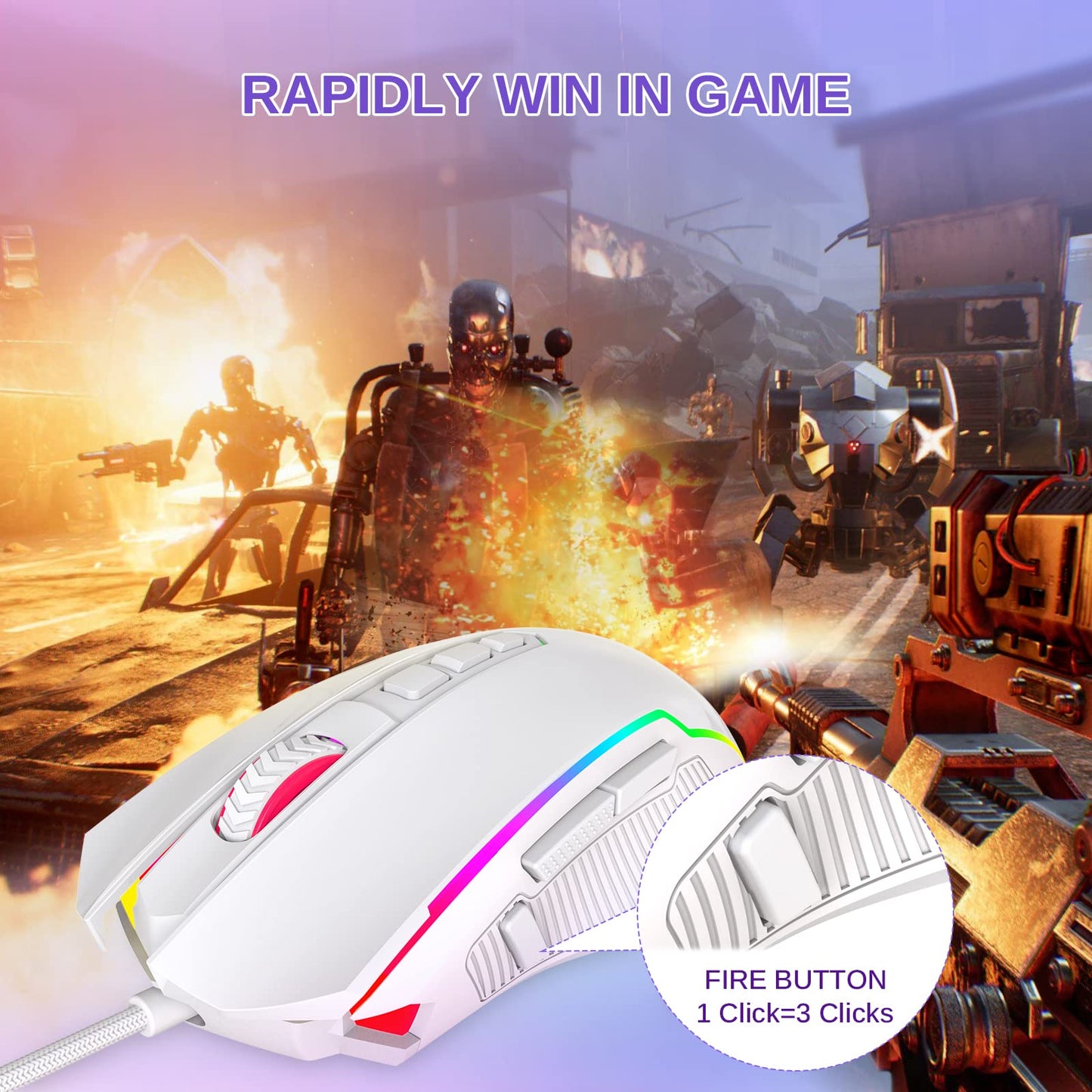 Redragon M910-W Wired Gaming Mouse, RGB Backlit, 8000 DPI, 9 Macro Buttons, White