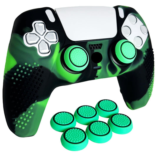 HLRAO Anti-Slip Green&Black Controller Skin Studded Edition Protective Silicone Cover Skin Grips Compatible with PS5/Slim/Pro Controller and 6 PCS Thumb Grips Caps.
