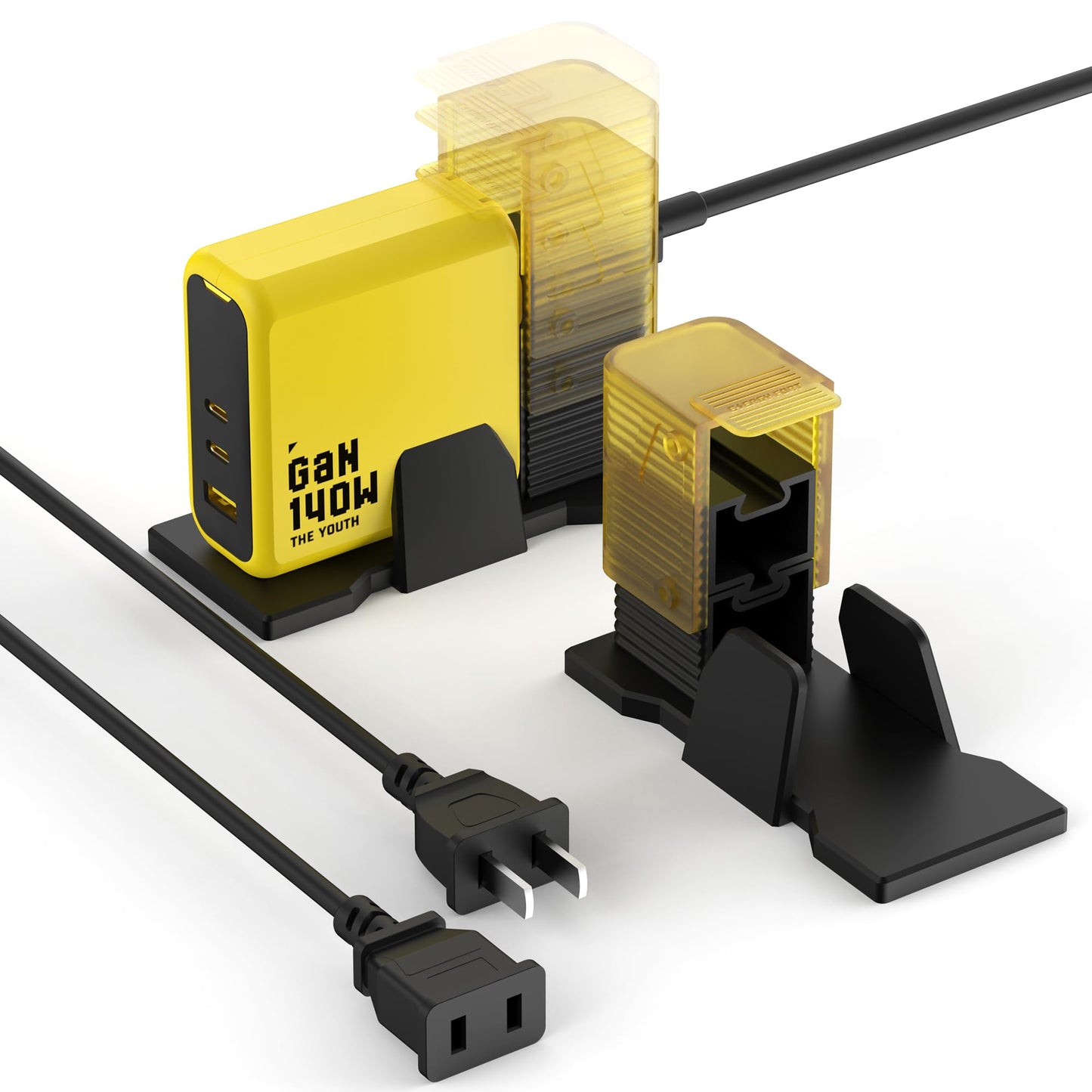 MOSHOU Desktop Bracket for Aohi Youth 140W GaN+ USB C Charger  Holder Stand Mount  with Adjustable Riser Module Extension AC Power Cord (Yellow)
