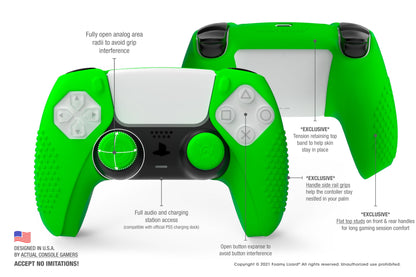 Foamy Lizard PS5 Controller Grip Cover | Anti-Slip Silicone Gel, Green, Model FL-PS5-DS-SKINSET-GREEN, Includes 8 Thumb Grip Caps
