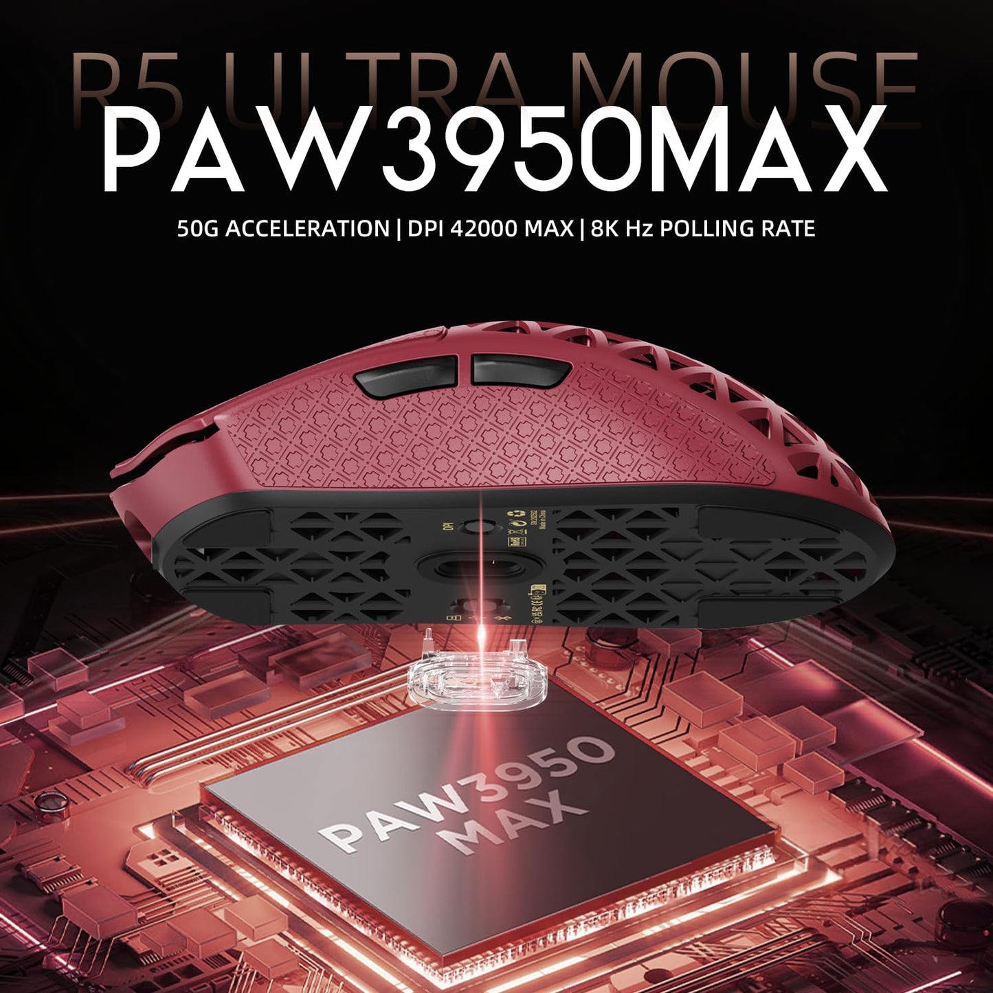 ATTACK SHARK R5 Ultra Wireless Gaming Mouse - 39g Superlight, 42K DPI Optical Sensor, Carbon Fiber Shell, Red&Griptape