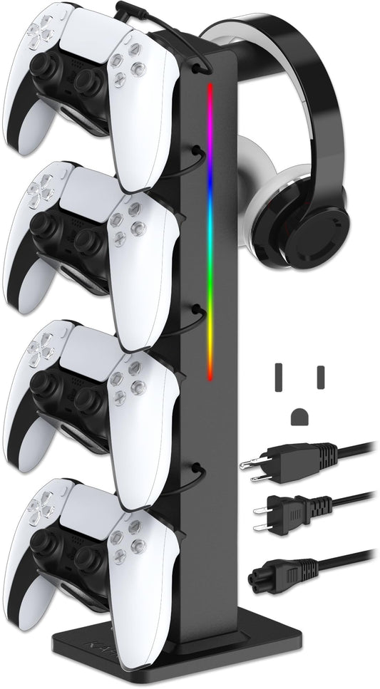 KAFRI RGB Gaming Headphone Stand with Controller Holder  Desk Organizer with Retractable Charger Cable  2 AC Outlets & 4 Type-C Charging Ports  PC Gaming Accessories for Headset & Controller (Black)