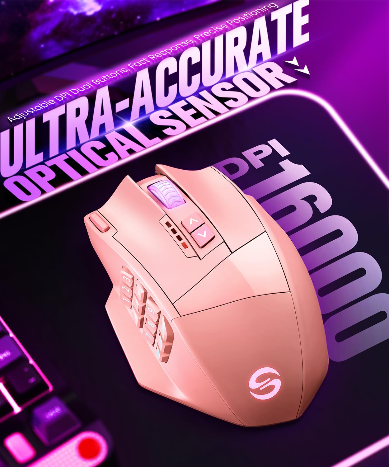 UtechSmart Venus Pro Wireless MMO Gaming Mouse, 16,000 DPI, Ergonomic, Pink, Model US-D16000-WGM, Dual Modes, 16 Programmable Buttons