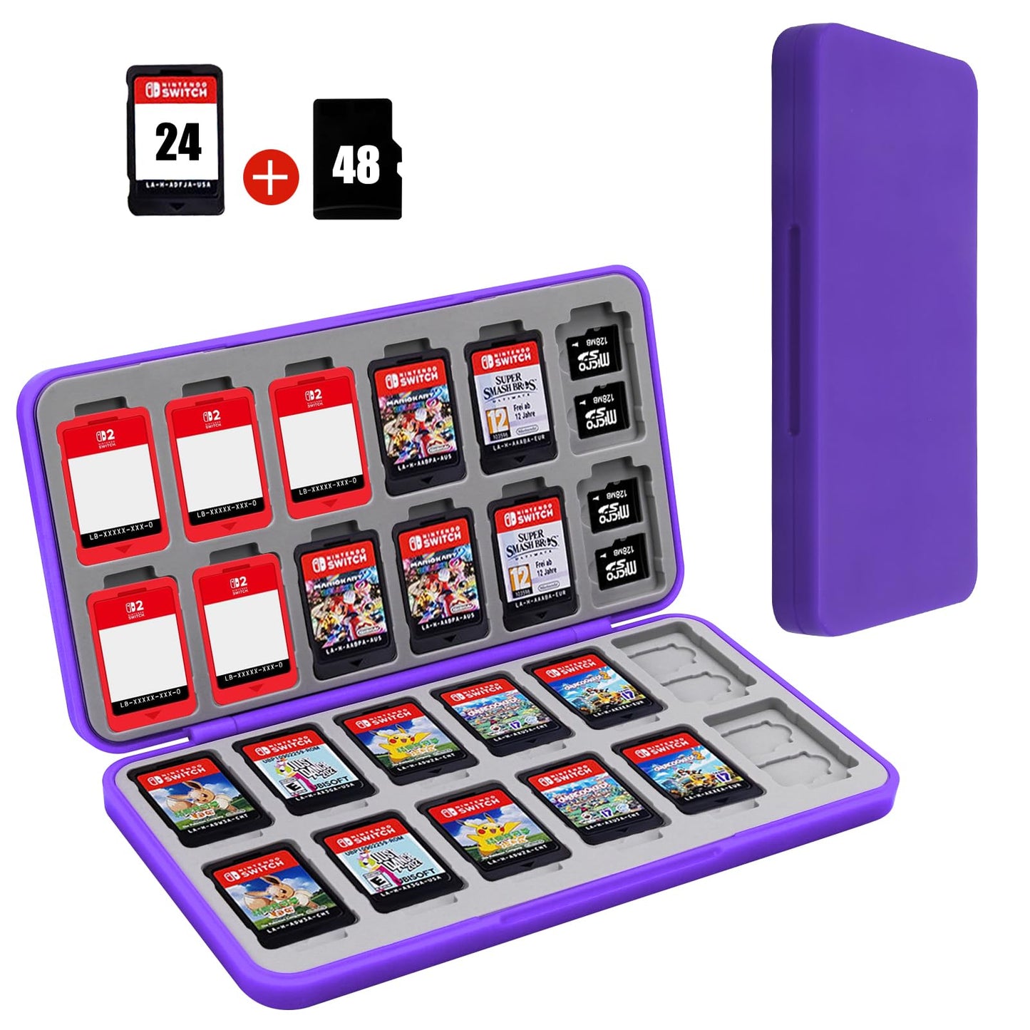FYY Nintendo Switch Game Case Holder for Switch 2 refill unit Case with 24 Game Card sections & 48 Micro SD Card sections  Hard Shell  Silicone Lining Purple