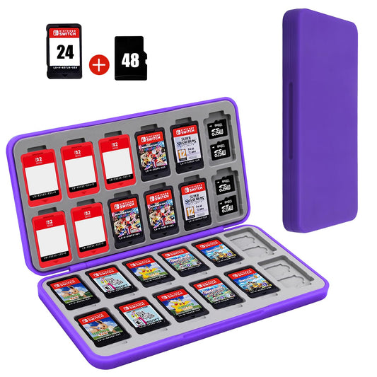 FYY Nintendo Switch Game Case Holder for Switch 2 refill unit Case with 24 Game Card sections & 48 Micro SD Card sections  Hard Shell  Silicone Lining Purple
