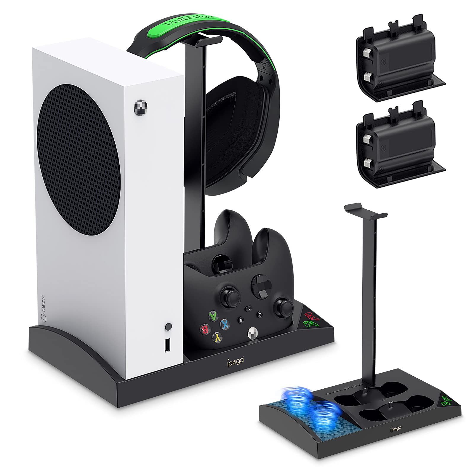 Upgraded Cooling Fan Stand for Xbox Series S Console Wireless Controller Dual Charging Station Dock with 2 x 1400mAh Rechargeable Batteries Packs Headset Holder for Xbox Series S Black
