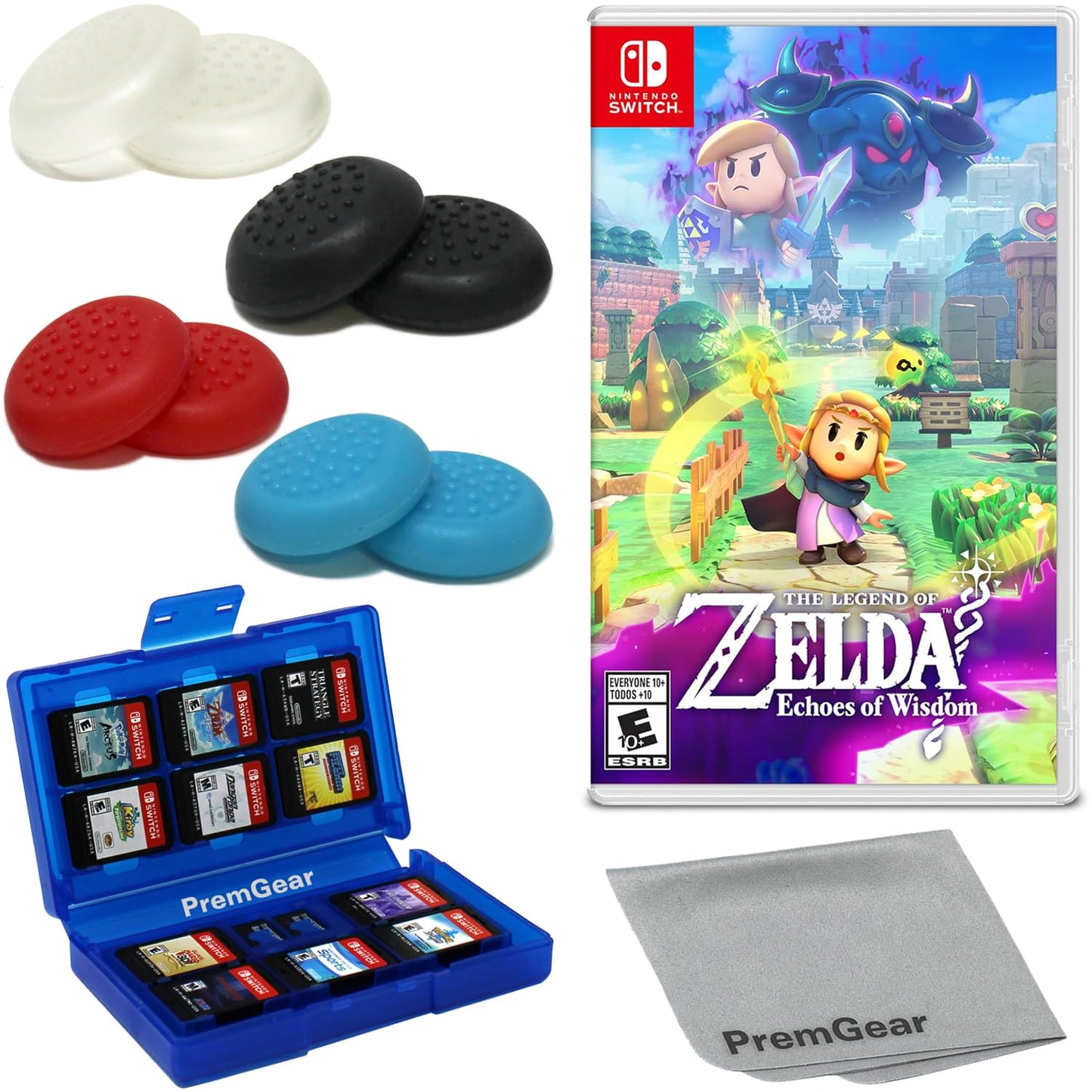 The Legend Of Zelda: Echoes Of Wisdom for Nintendo Switch (US Version)  with PremGear Thumb Grips (8 pack - Black  Blue  Red & Clear)  24 Slot Game Card Holder & Cleaning Cloth