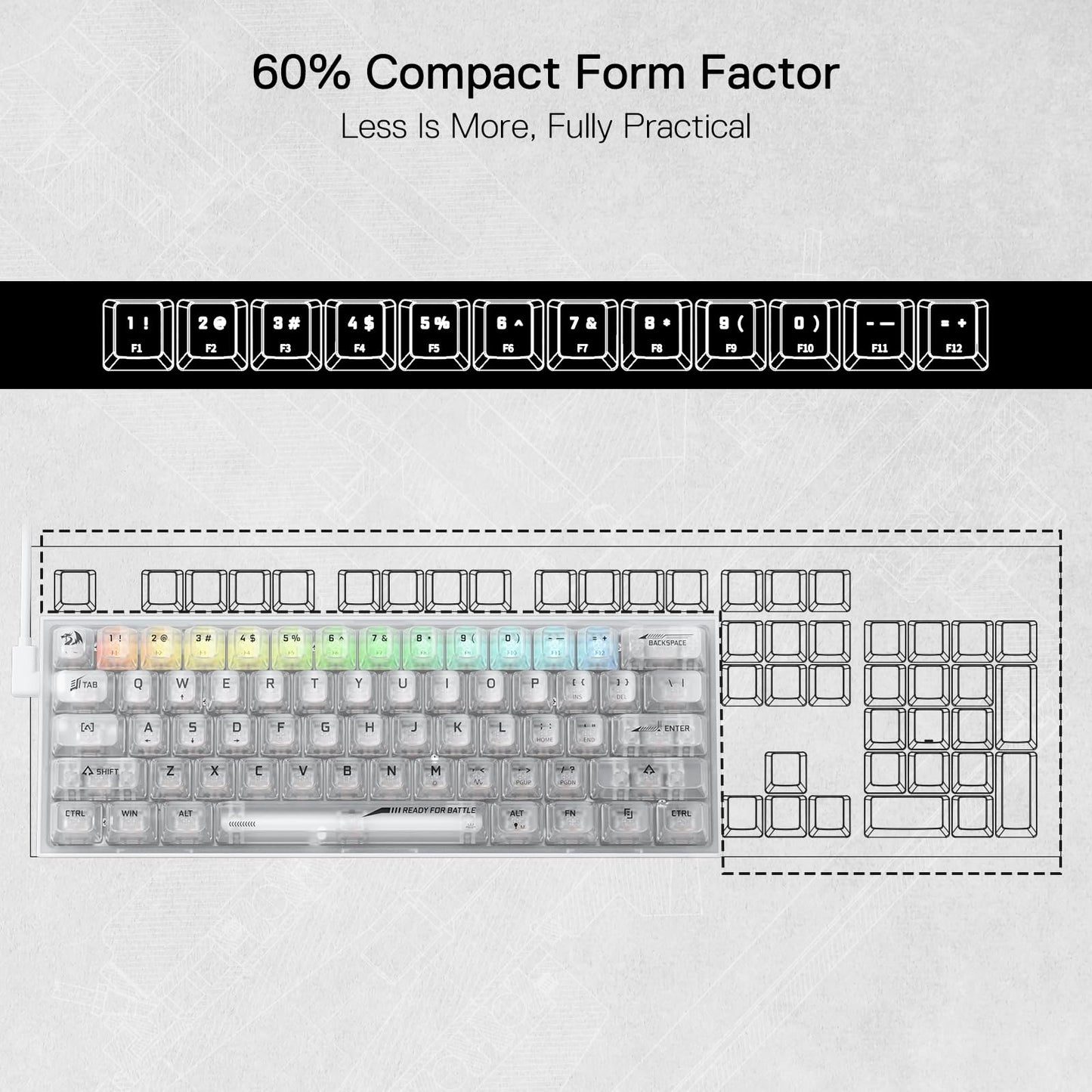 Redragon K617 SE 60% RGB Mechanical Keyboard, 61 Keys, White Transparent, Custom Linear Switch, Model 6950376717375