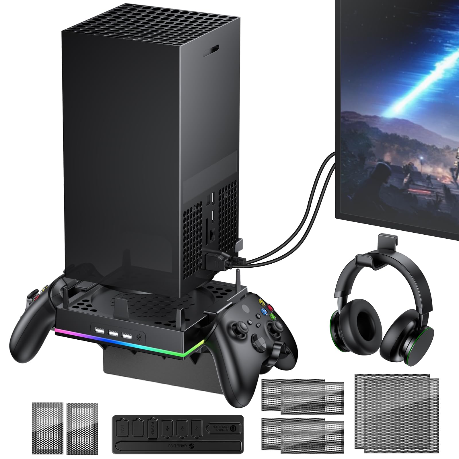 Wall Mount for Xbox Series X - Sturdy Shelf Load Up 10Kg  Integrated Ventilation  RGB  3 USB Port  Prevent Falling  2 Holder  Headphone Stand & Dust Cover Kit - Wall Mount Kit for Xbox Series X