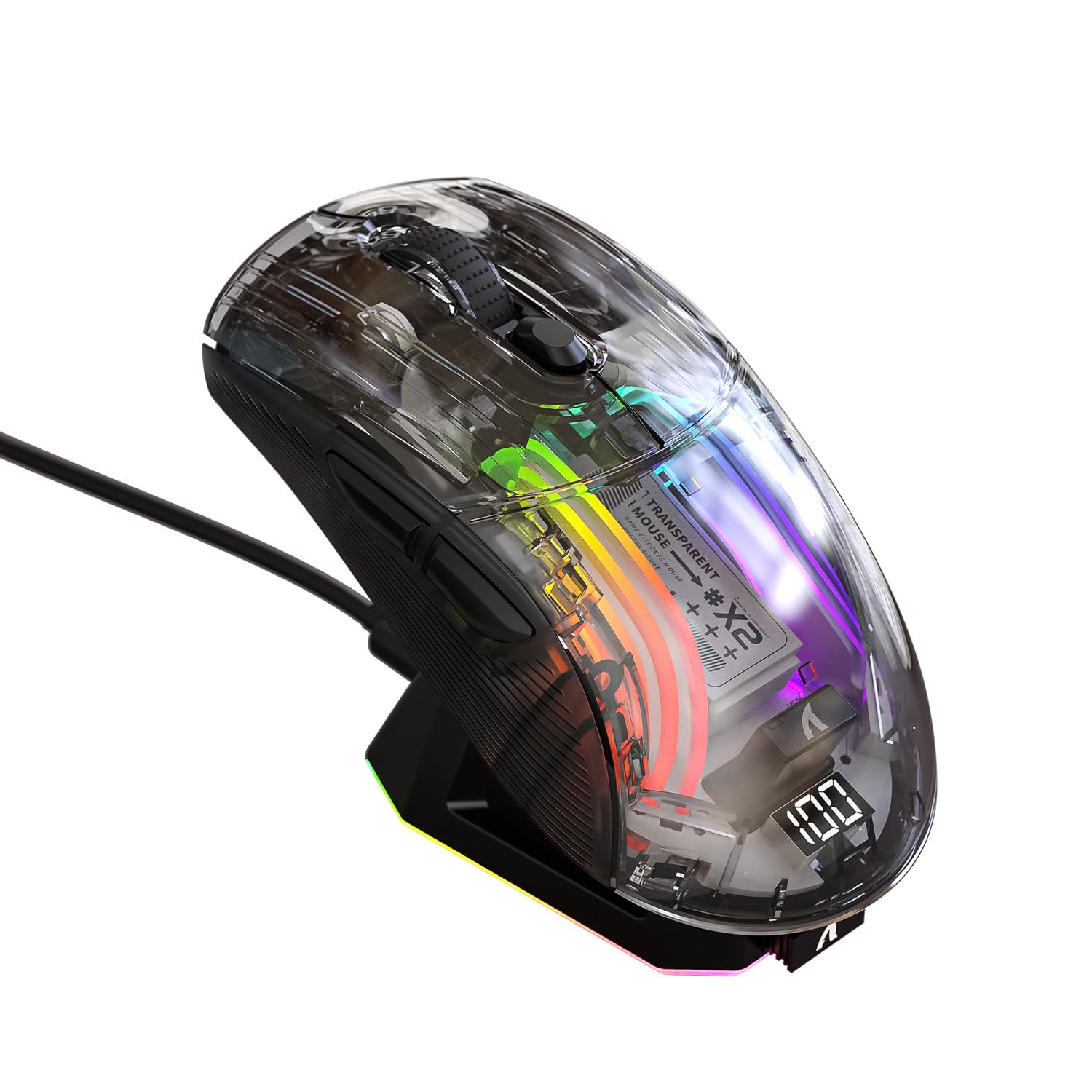 A.JAZZ Wireless Gaming Mouse with Full Transparent,Tri-Mode 2.4GHz/Bluetooth/Wired Mouse,Digital Display,Charging Base,3D RGB Ba