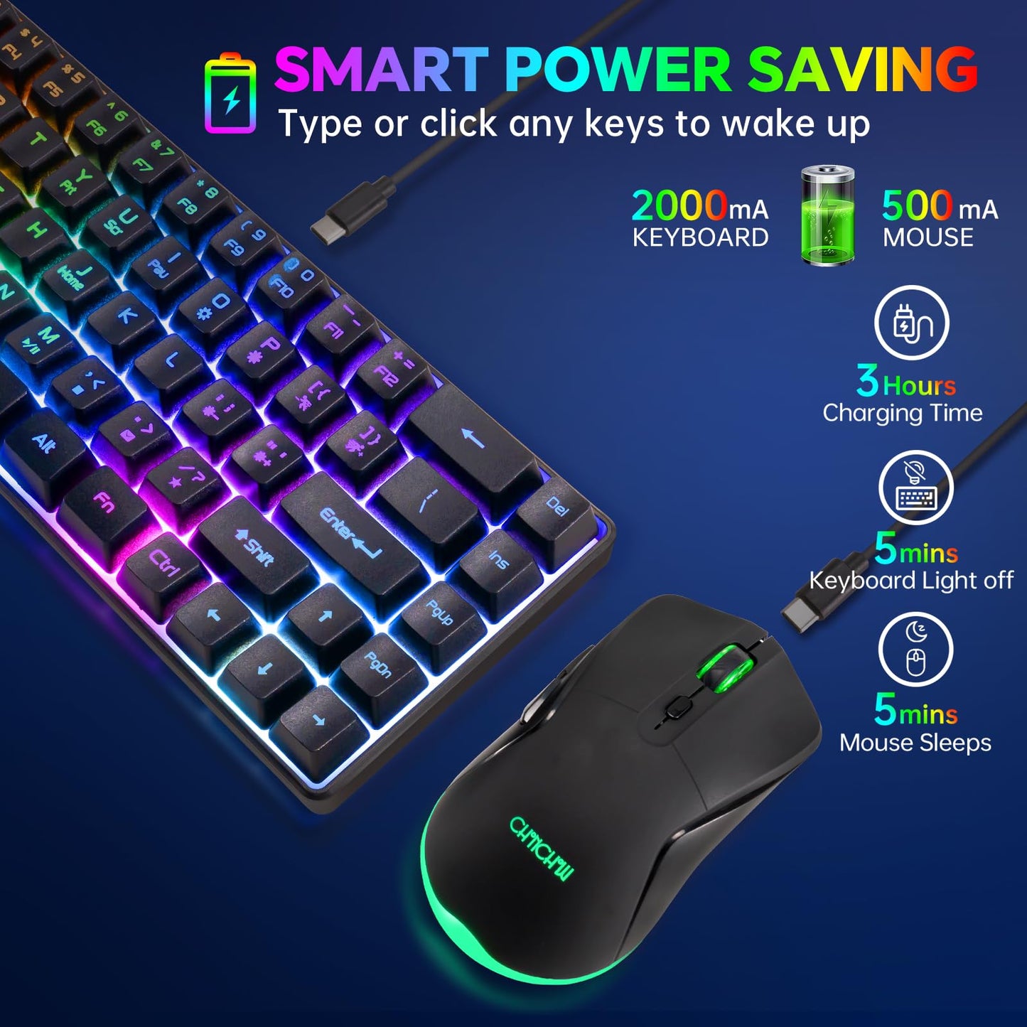 CHONCHOW Wireless Gaming Keyboard and Mouse Combo, 68-Key LED Backlit, Rechargeable 2000mAh, Portable Waterproof for PC/Mac Gamers