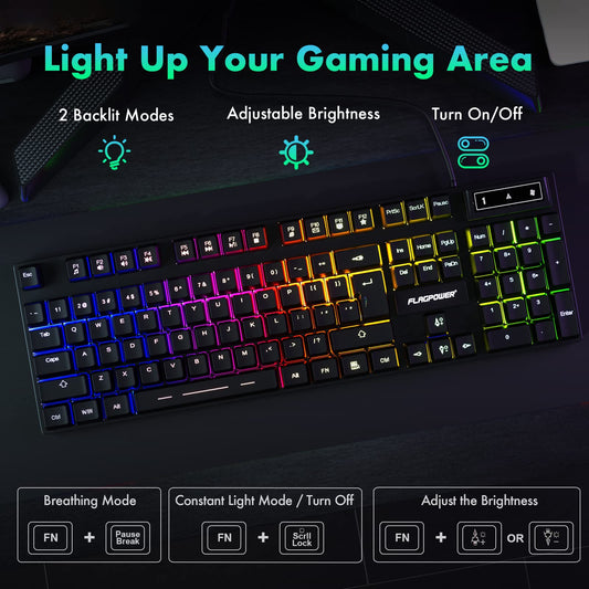 FLAGPOWER RGB Gaming Keyboard & Mouse Combo, Adjustable Backlit, 4800DPI, Black, Model FPCP-KBD-003, 19 Keys Anti-Ghosting