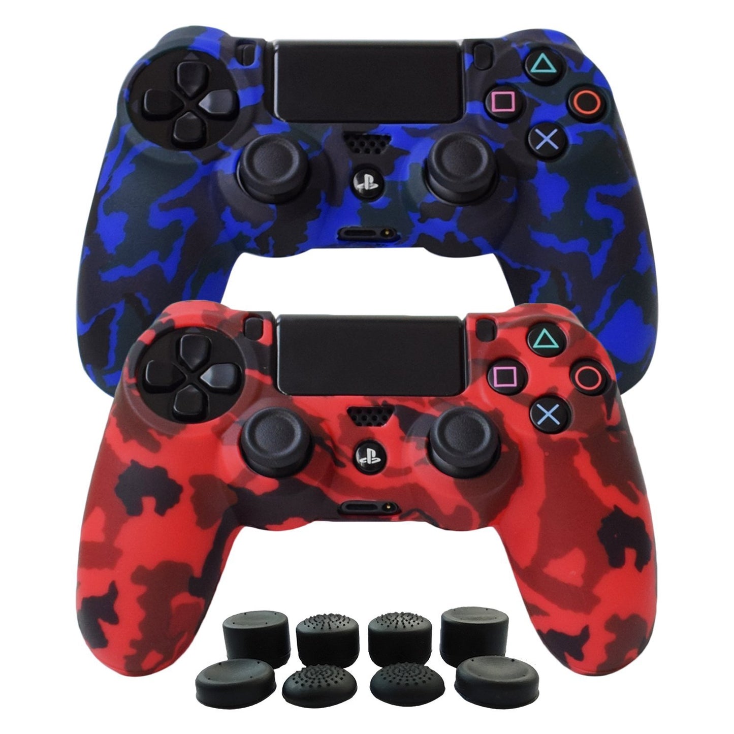 Hikfly Silicone Gel PS4 Controller Cover - 2X Camouflage with 8 FPS Thumb Grips - Red & Blue - Model 43220-17669