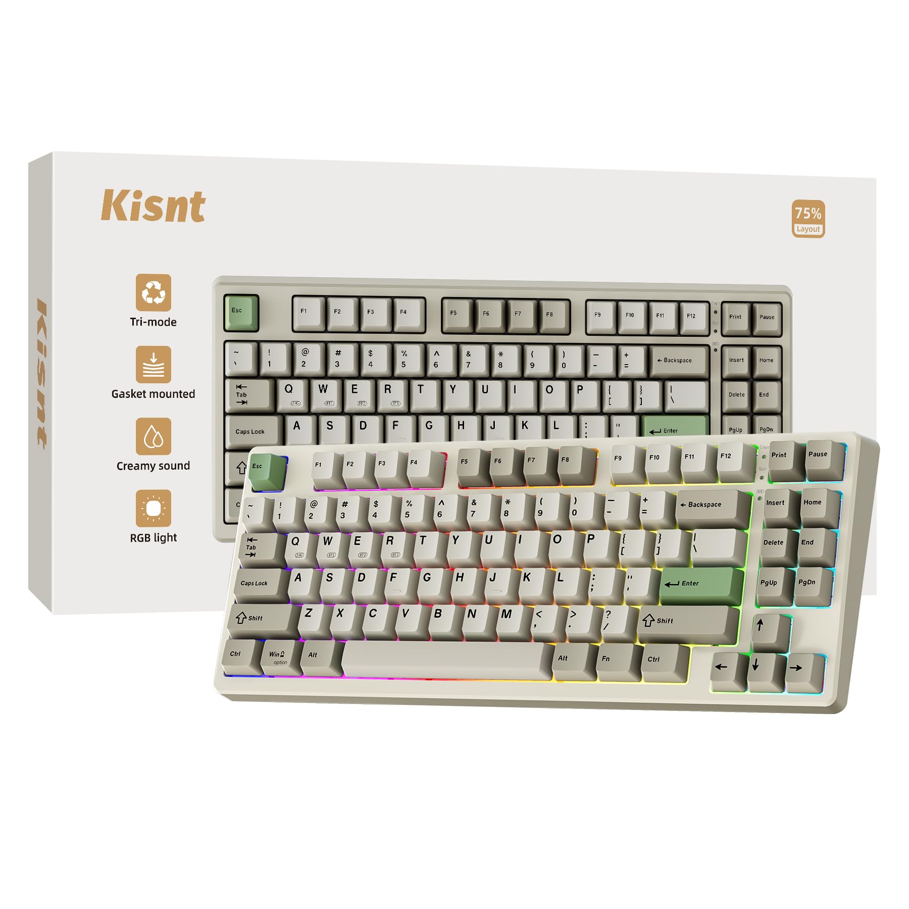 Kisnt Wireless Mechanical Keyboard - Gasket Mounted, Bluetooth, RGB Backlit, 75% Compact, Industrial Gray, Model KN85