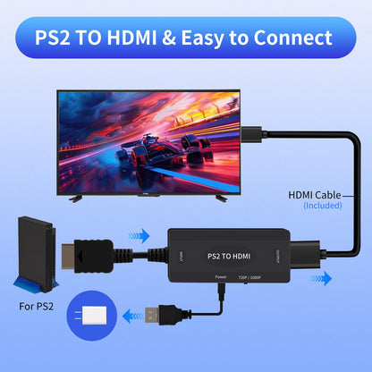 TECTINTER PS2 to HDMI Adapter - HD Signal Converter for PS2/PS3/PS1, Supports 4:3/16:9, USB Power Cable, Black