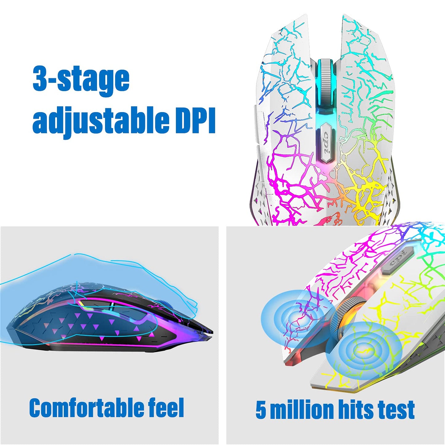 LexonElec Wireless Gaming Keyboard and Mouse Combo, 61 Key RGB Backlit, Ergonomic Design, Rechargeable, White Rainbow, Model T61