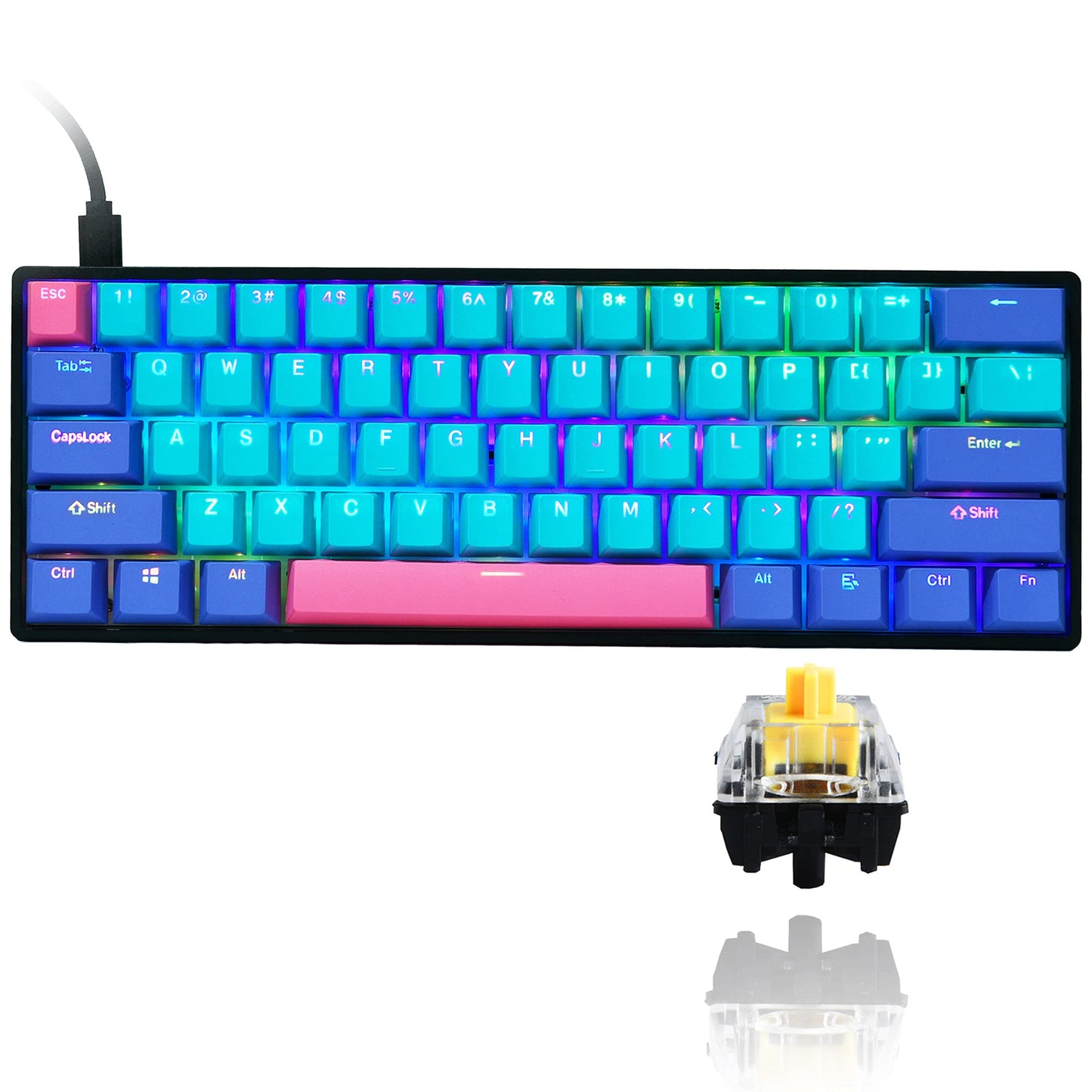 Guffercty Kred GTSP Gk61 60% Mechanical Gaming Keyboard, Gateron Optical Yellow, PBT Keycaps, RGB Backlit, Joker Color