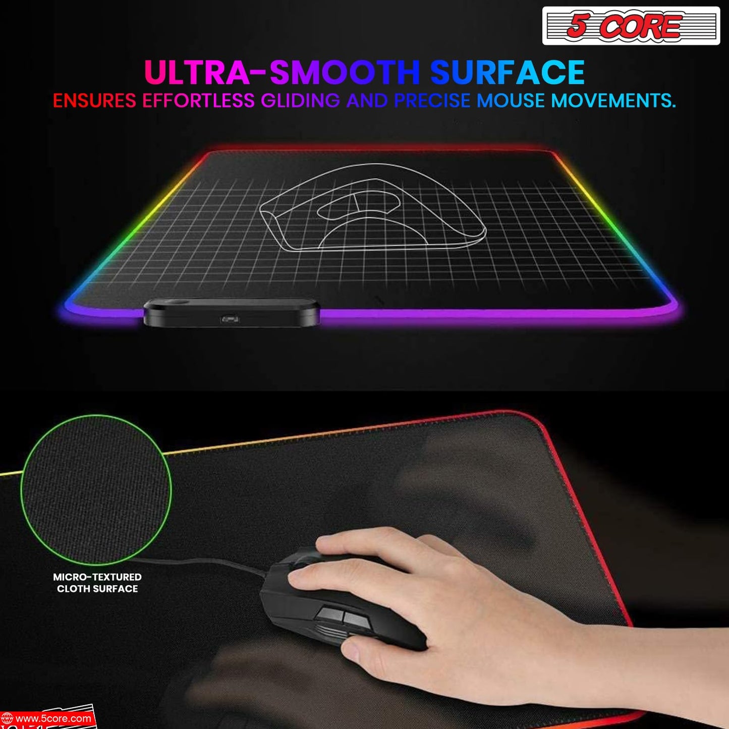 5 CORE RGB Gaming Mouse Pad - Large 31.5x11.8" with 12 Lighting Modes, Stitched Edges, Non-Slip Rubber Base, Model KBP 800 RGB