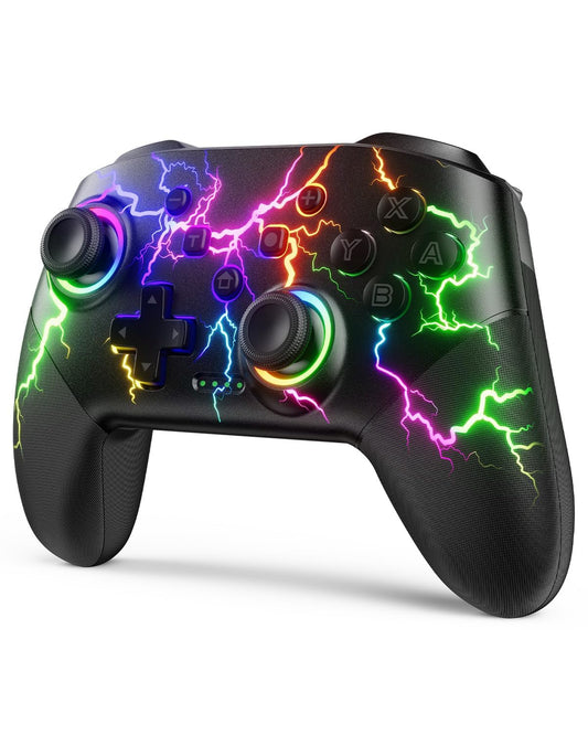 VOYEE Wireless Pro Controller for Switch 2/Lite/OLED/PC - 1000mAh, RGB LED, Small, Black & LED Lights, Model S08