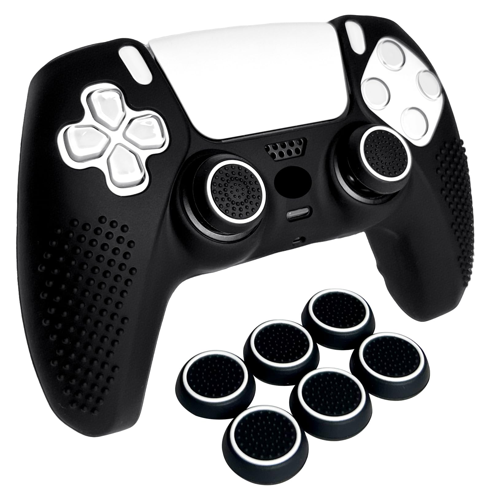 HLRAO Anti-Slip Black PS5 Controller Skin Studded Edition Protective Silicone Cover Skin Grips Compatible with PS5/Slim/Pro Controller and 6 PCS Thumb Grips Caps.