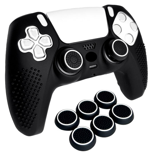 HLRAO Anti-Slip Black PS5 Controller Skin Studded Edition Protective Silicone Cover Skin Grips Compatible with PS5/Slim/Pro Controller and 6 PCS Thumb Grips Caps.