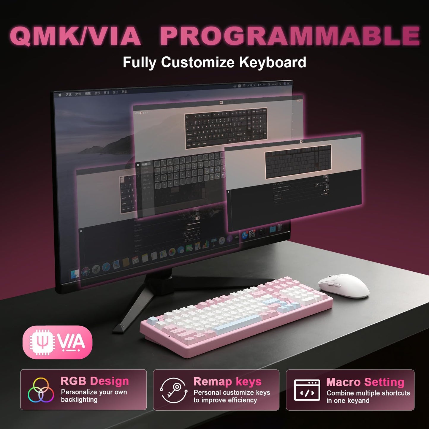 YUNZII AL98 Wireless Mechanical Gaming Keyboard - Full Aluminum, RGB Backlit, Hot Swappable, 1800 Layout, Pink, Milk Switch