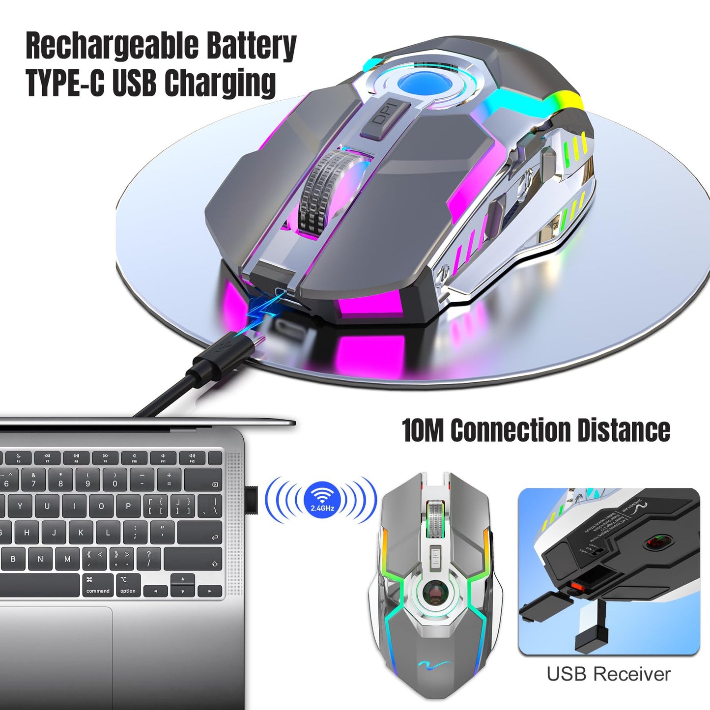 HXMJ Rechargeable Wireless Gaming Mouse - Z30 Gray, USB Receiver, Medium Size, Decompress Crystal Ball Design