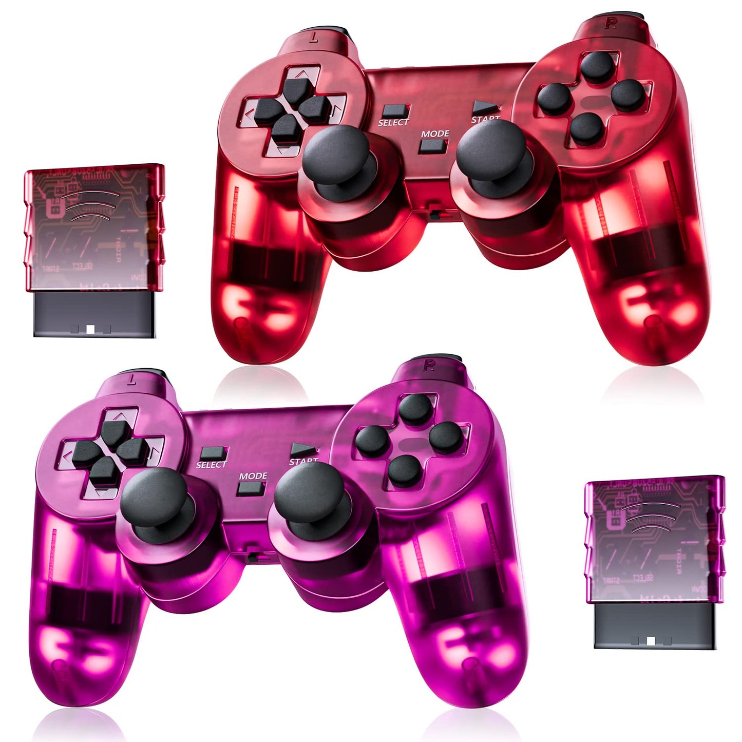 Burcica Wireless Controller for PS2 - Dual Vibration - Clear Red & Clear Purple