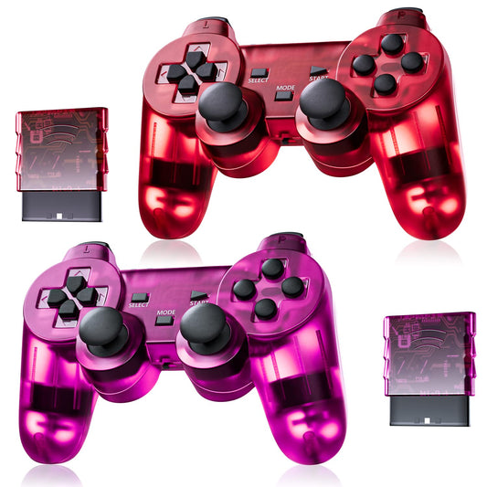 Burcica Wireless Controller for PS2 - Dual Vibration - Clear Red & Clear Purple