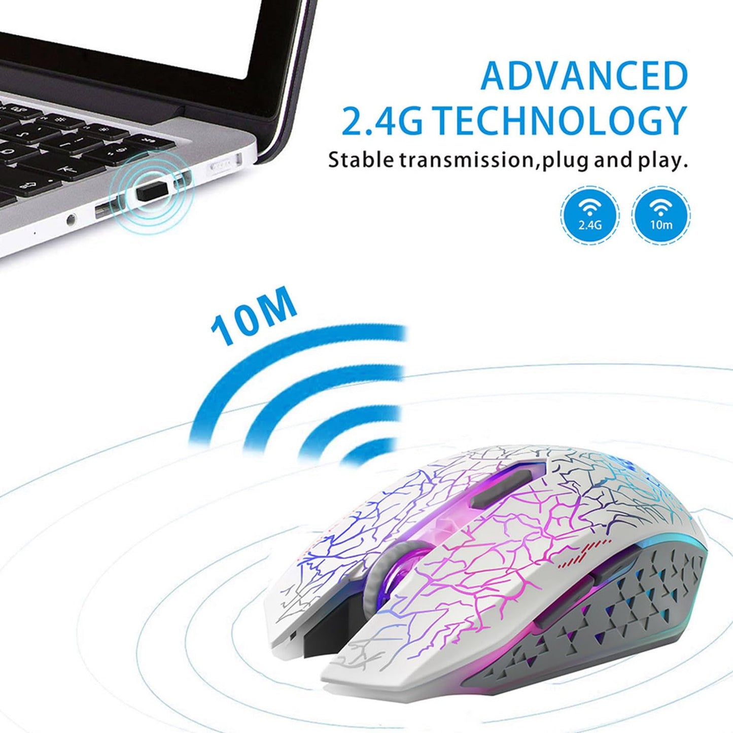 TENMOS M2 Wireless Gaming Mouse - Ergonomic, Silent, 7-Color LED, 3 Adjustable DPI, White, USB Rechargeable, Model M2002