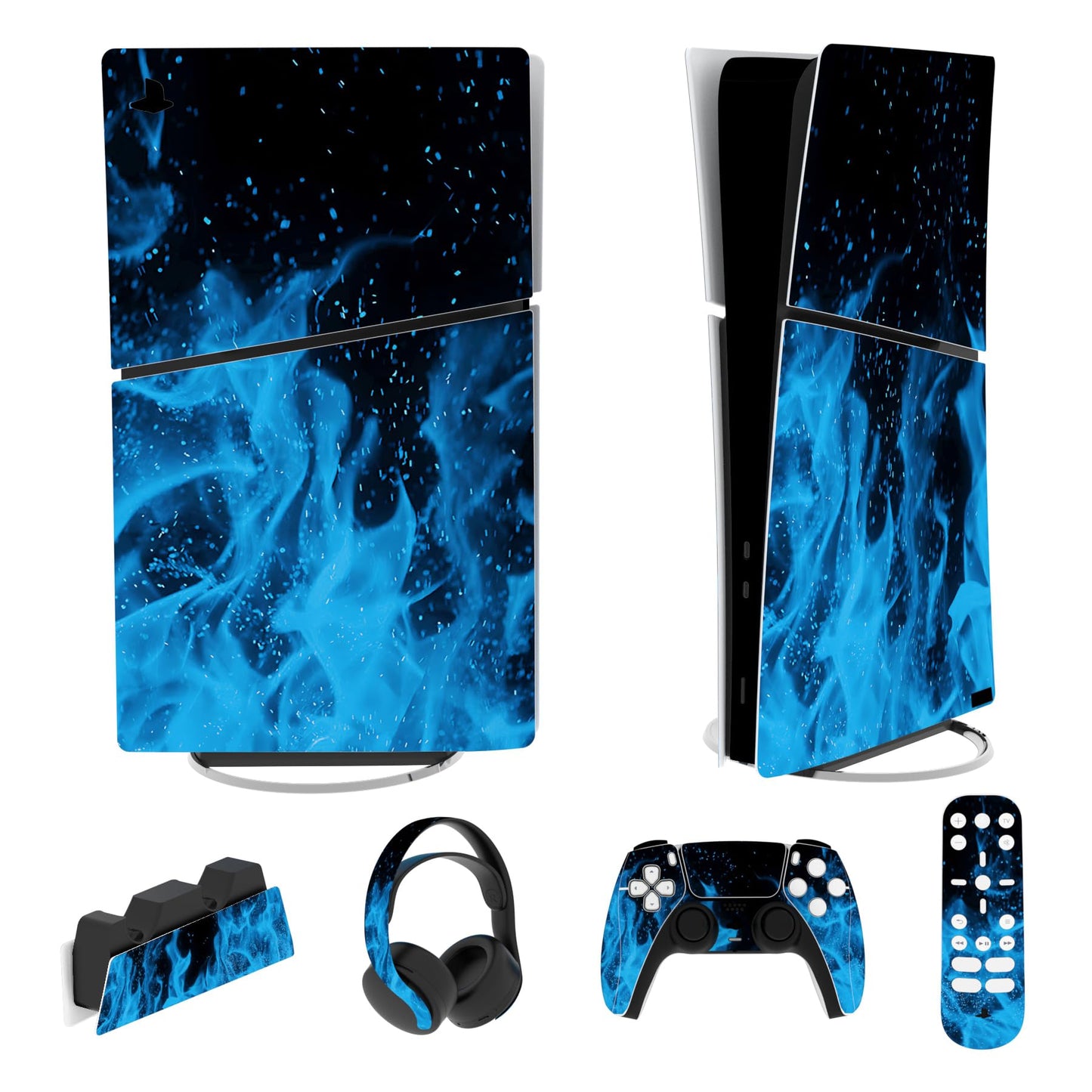 PlayVital Full Set Skin Sticker for ps5 Slim Console Digital Edition (The New Smaller Design)  Vinyl Skin Decal Cover for ps5 Controller & Headset & Charging Station & Media Remote - Blue Flame