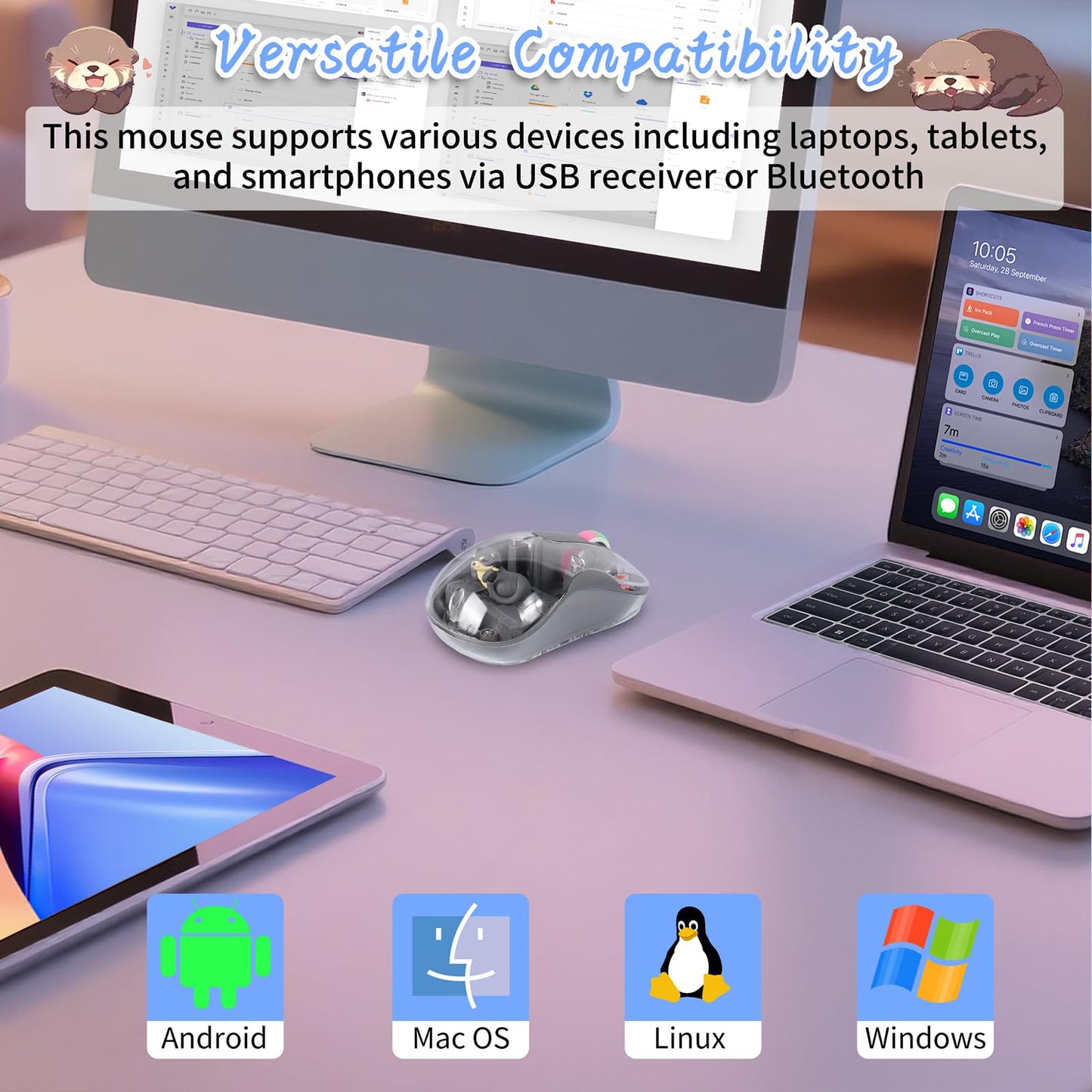 elec Space Wireless USB C Mouse - Bluetooth Triple Mode, Rechargeable, Silent, Portable - Grey Cartoon Design