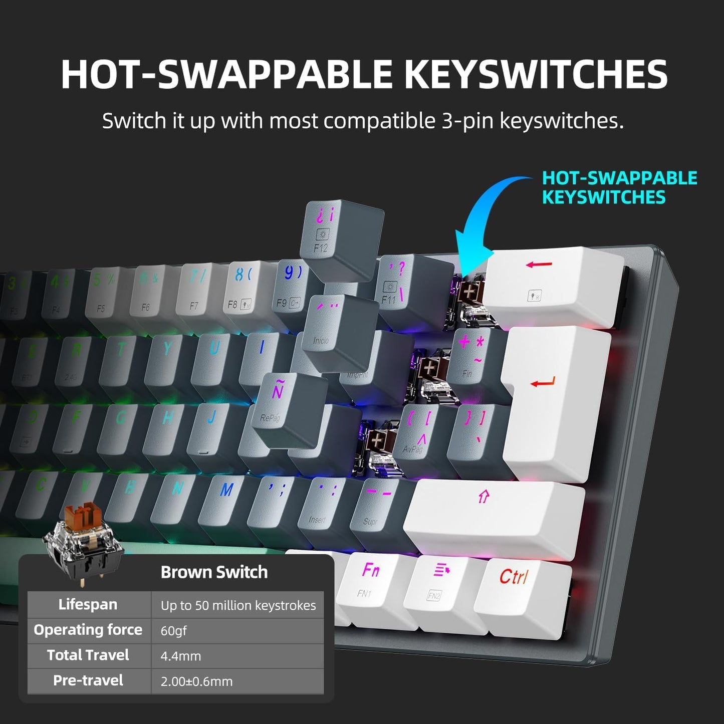 Machenike K500A-B61W Wireless Mechanical Gaming Keyboard, 61 Keys, Hot Swappable Brown Switch, RGB Backlit, White