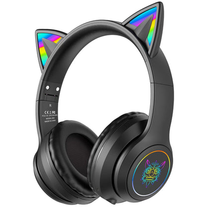 SIMGAL Bluetooth Cat Ear Headphones, Wireless/Wired, Foldable, Kids Size, Black, Model B90, RGB LED Light, Clear Sound Quality